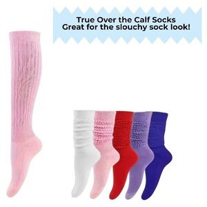 True Over the Calf Slouchy Socks 5pc Pairs Ribbed Knit Casual Retro 60s Vibes OS